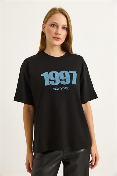 Baskılı Oversize Bisiklet Yaka Tshirt Siyah