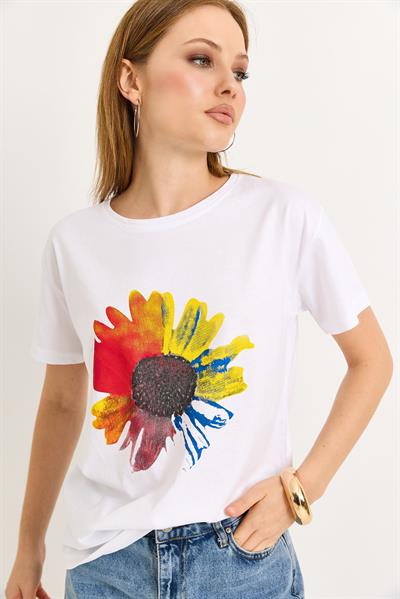 Çiçek Baskılı Pamuk Örme Tshirt
