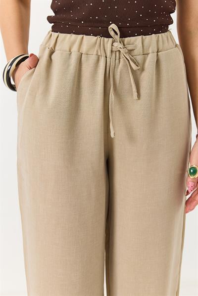 Kadın Beli Lastikli Rahat Kesim Salaş Pantolon Bej