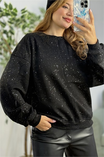 Kadın Bisiklet Yaka Işıltılı 3 iplik Sweatshirt Siyah