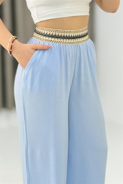 Kadın Beli Etnik Desen Keten Salaş Pantolon Mavi