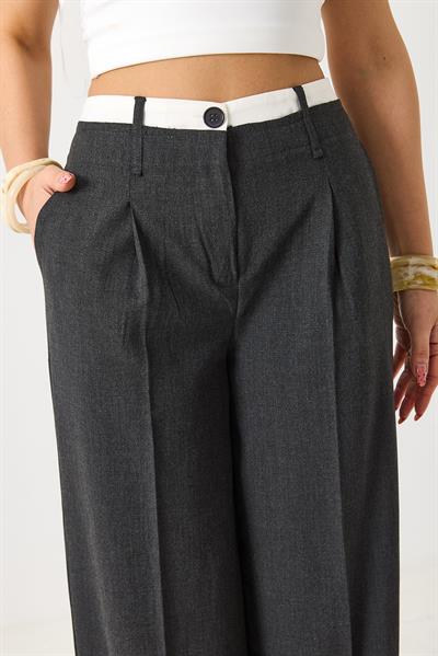 Kadın Yüksek Bel Cepli Bol Paça Pileli Palazzo Kumaş Pantolon Antrasit