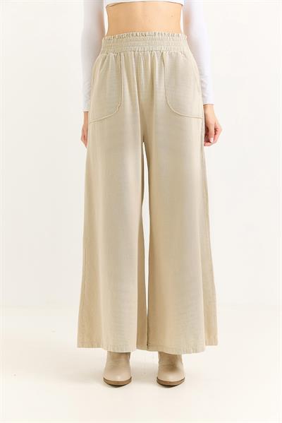 Kadın Pantalon Geniş Paça Cepleri Dikiş Detaylı  Pantalon Bej