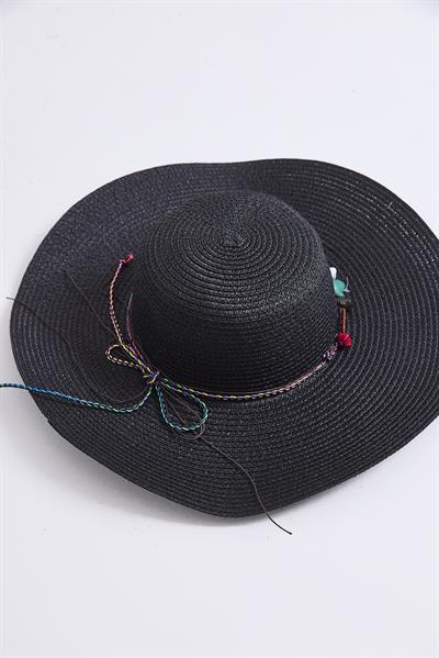 Etnik Boncuk Detaylı Kadın Hasır Şapka Siyah