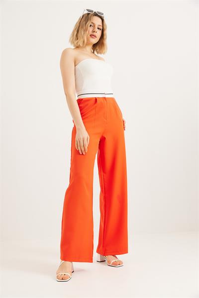 Beli Şeritli Bol Paça Pantolon Turuncu