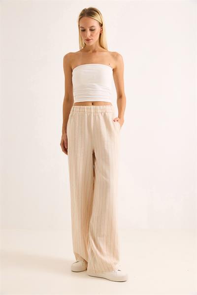 Çizgi Desenli Bol Paçalı Keten Pantolon Pembee