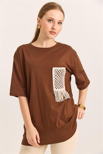 Hasır Cepli Yumuşak Dokulu Fit Tshirt Kahve