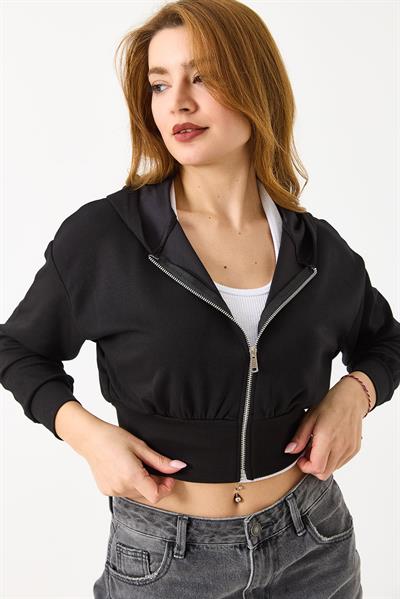 Kapişonlu Fermuarlı Modal Sweat Hırka Siyah