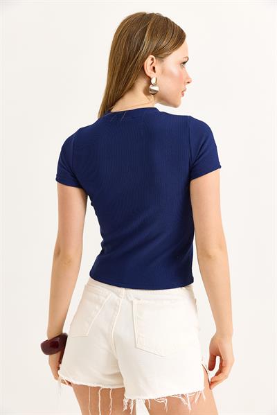 Kalp Detaylı Fitilli Örme Bluz Lacivert