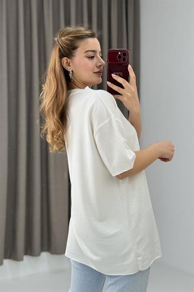 V Yaka Taşlı Yarım Kol T-shirt Beyaz
