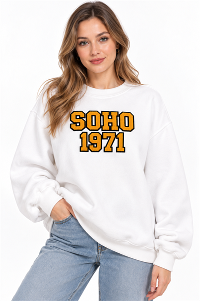 Kadın Bisiklet Yaka Şardonlu Oversize Baskılı Sweatshirt Beyaz