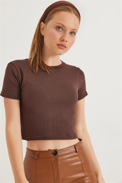 Bisiklet Yaka Esnek Crop Bluz Kahverengi