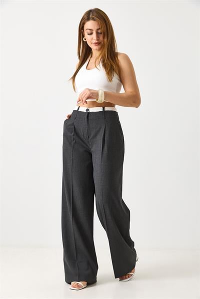 Kadın Yüksek Bel Cepli Bol Paça Pileli Palazzo Kumaş Pantolon Antrasit