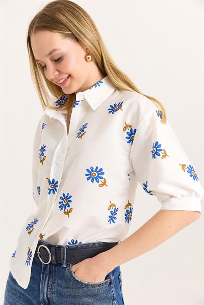 Balon Kol Desenli Kadın Gömlek Mavi Beyaz