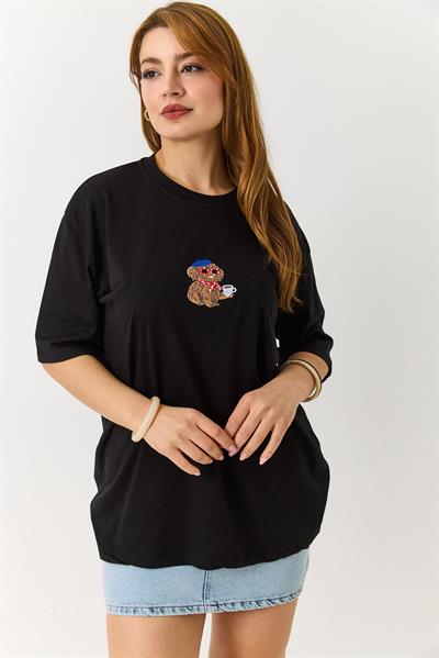 Kadın Nakışlı Bisiklet Yaka Tshirt Siyah