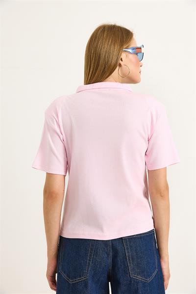 Polo Yaka Yarı Yarım Fermuarlı  Kadın Tshirt Pembe