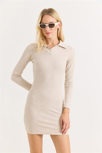 Kadın Polo Yaka Mini Elbise Krem