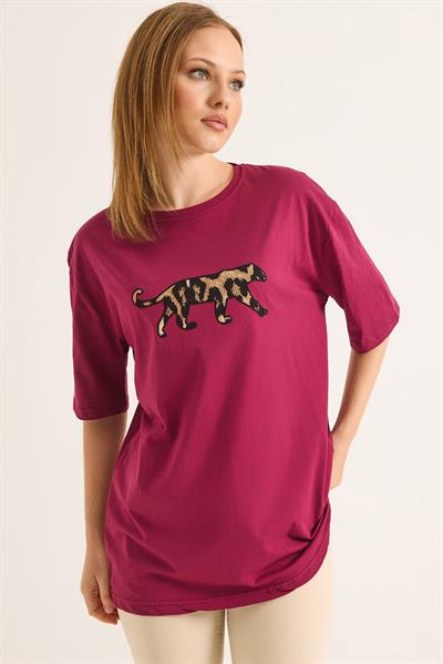 Ön Arka Nakışlı Oversize Pamuk T-Shirt Bordo
