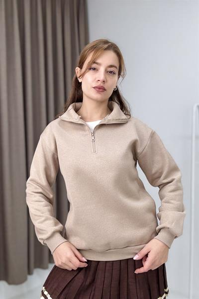 Kadın Bej Yarım Fermuarlı Üç İplik Sweat 