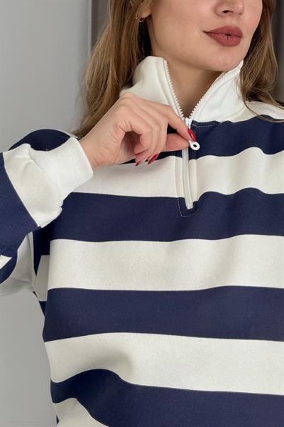 Kadın Lacivert Balıkçı Yaka Çizgili Üç İplik İçi Şardonlu Kışlık Sweatshırt 