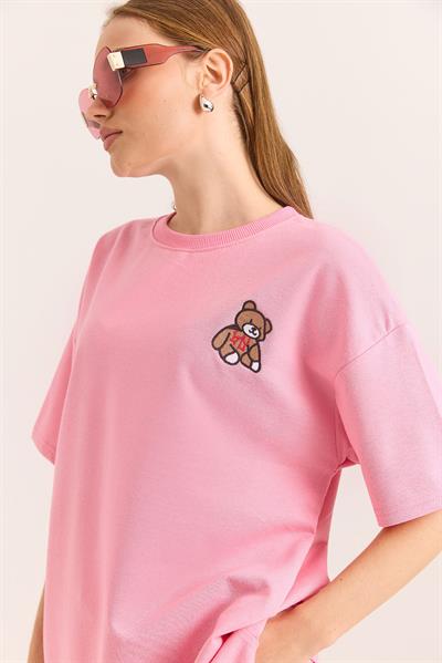 Ayıcık Nakışlı Oversize İki İp Tshirt  Pembe