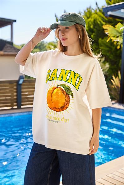 Bisiklet Yaka Baskılı Oversize Tshirt Krem