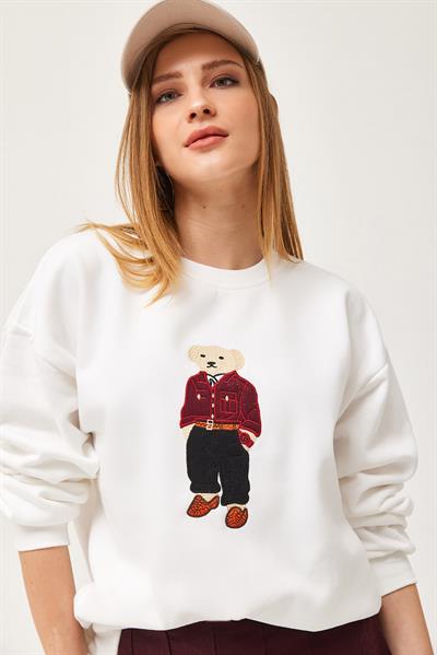 Oversize Nakışlı Sweatshirt Beyaz
