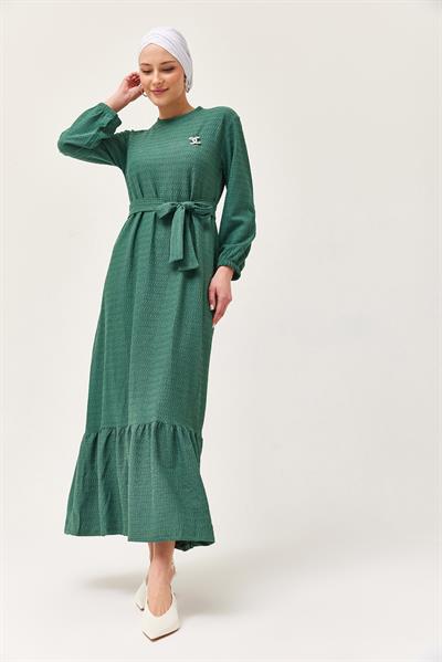 Kuşaklı Kat Keten Elbise Yeşil