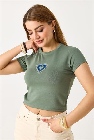 Kadın Kalp Nakış ve Taş Detaylı Crop Bluz Yeşil