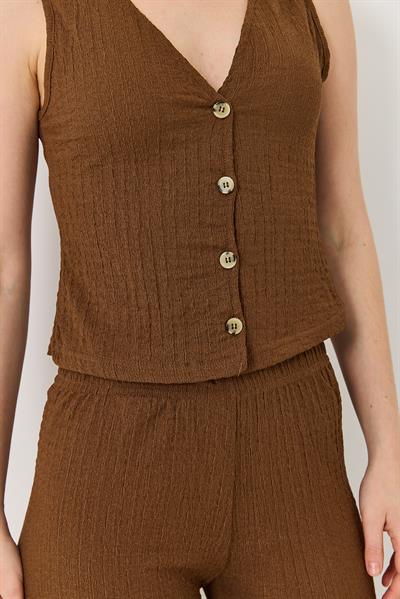 Crop Yelek Pantolon İkili Takım Kahverengi
