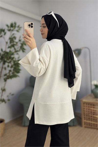 Kadın Oversize Manşet Detaylı Tunik Beyaz