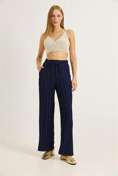 Geniş Paça Pileli Belden Bağlamalı Pantalon Lacivert