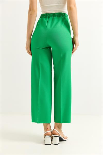 Bel Kuşaklı Bol Paça Krep Pantolon Yeşil