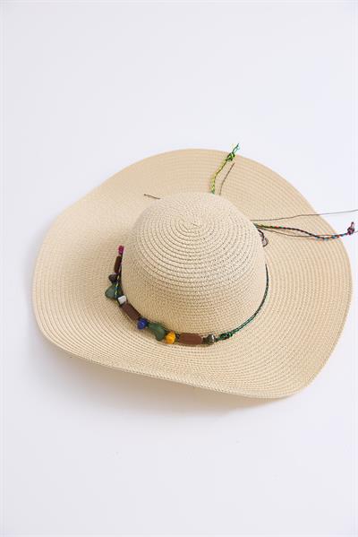 Etnik Boncuk Detaylı Kadın Hasır Şapka Bej