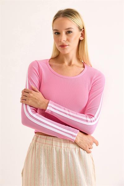 Kadın Kolları Şerit Çizgili  Bluz Pembe