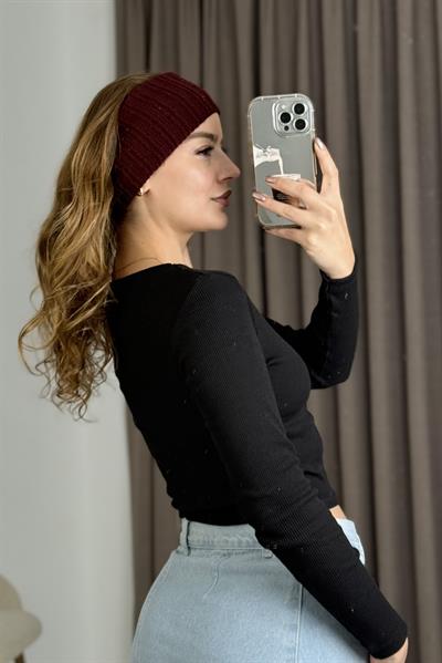 Kadın Uzun Kollu Kaşkorse Mini Dekolteli Crop Bluz Siyah