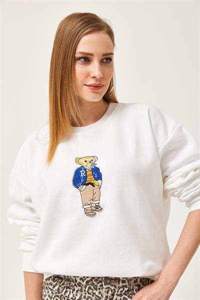 Oversize Nakışlı Sweatshirt Beyaz