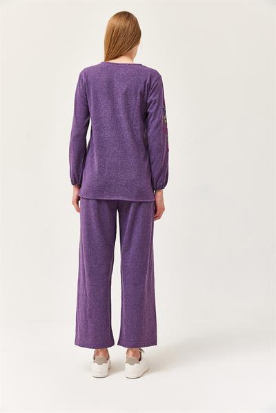 Hera Kumaş Önü ve Kolları İşlemeli İkili Takım Mor