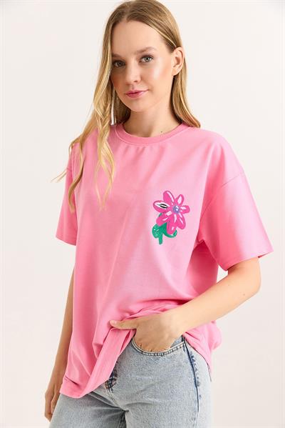Baskılı Bisiklet Yaka Basic Tshirt Pembe