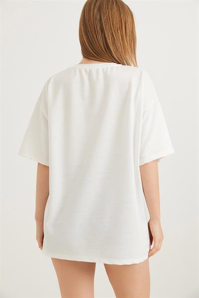 Voila Baskılı Oversize İki İplik Tshirt Beyaz