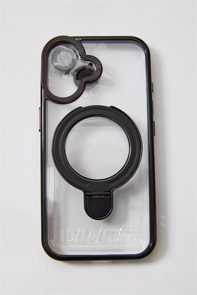 İphone 16 Plus Uyumlu Stand Tutucu Halka Şeffaf Telefon Kılıfı Siyah