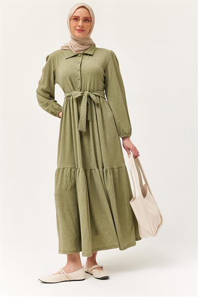 Yarım Düğmeli Beli Kuşaklı Elbise Yeşil