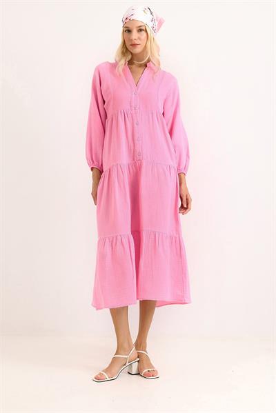 Müslin Midi Boy Düğmeli Pembe Elbise