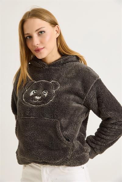 Kadın Kapüşonlu Nakış İşlemeli Peluş Sweatshirt  Füme