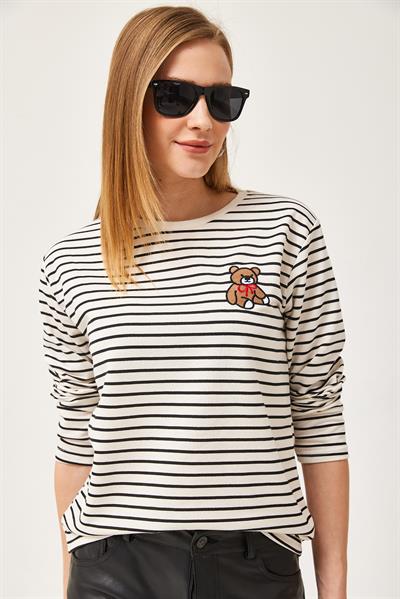 Bisiklet Yaka Çizgili Uzun Kollu Sweatshirt Siyah