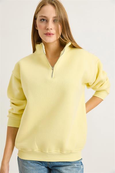 Kadın Yaka Fermuarlı 2 İplik Sweatshirt Sarı