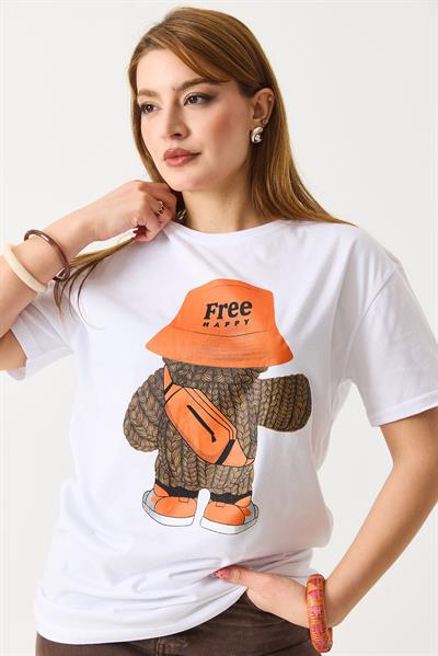 Kadın Baskılı Bisiklet Yaka Kısa Kol Tshirt Beyaz