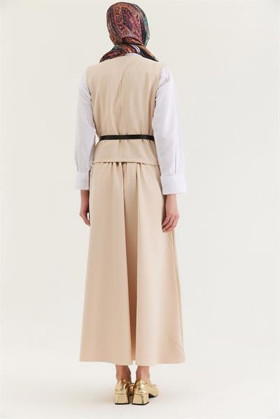 Kemer Detaylı Etekli İkili Takım Krem