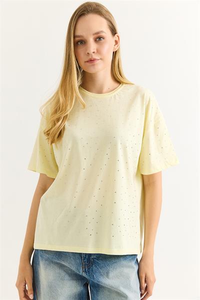 Taş Detaylı Rahat Kalıp Premium Pamuk Tshirt Sarı