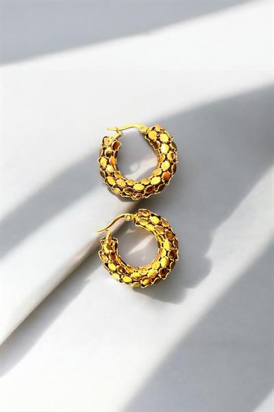 Çelik Altın Rengi Pul Pul Halka Küpe Gold